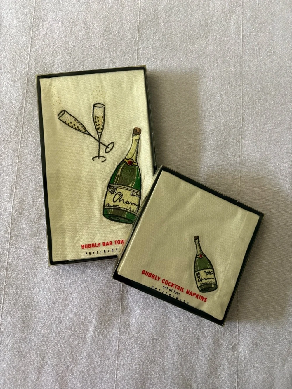 Pottery Barn Champagne Bottle & Flutes Bar Towel and Cocktail Napkins Set